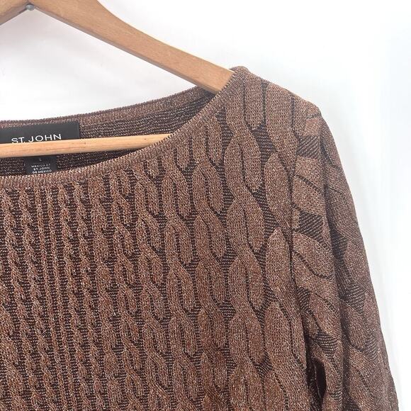 ST. JOHN Brown Bronze Metallic Cable Knit 3/4 Sleeve Womens Sweater Large - Picture 2 of 6